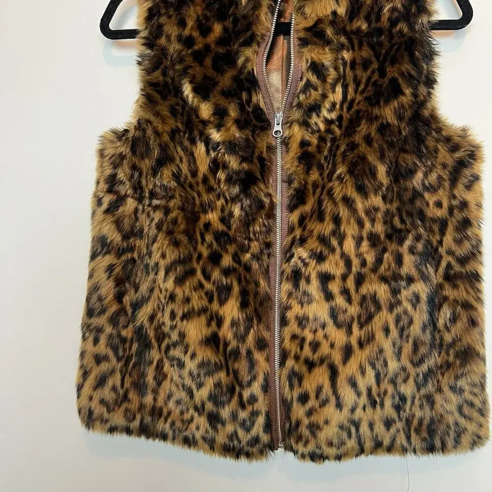 J. Crew Faux Fur Vest Womens XS Leopard Cheetah Animal Print indie sleeze y2k